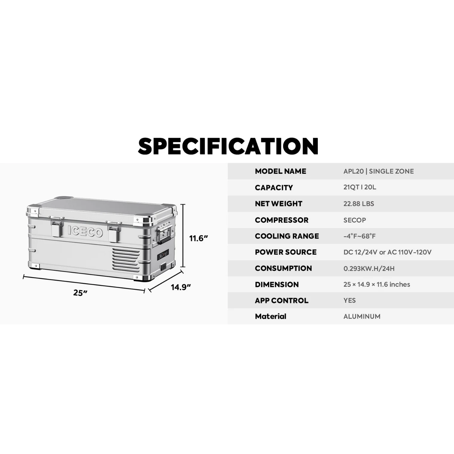 APL20 Light Duty Aluminum Freezer Single Zone | ICECO | 20 LT